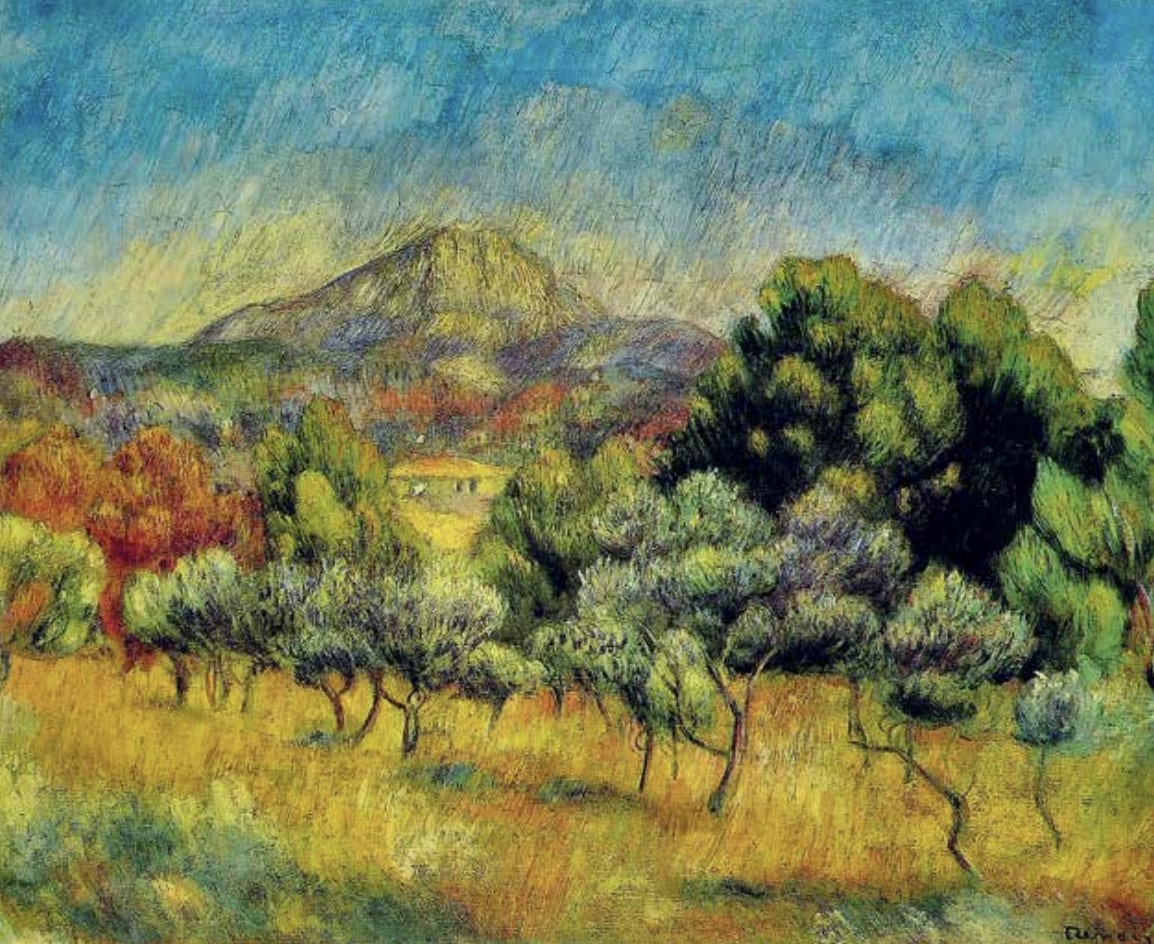 Pierre-Auguste Renoir: A Montagne SainteVictoire, 1888–1889 körül, olaj, vászon, 53 × 64 cm, Yale University Art Gallery, New Haven, forrás: Wikimedia Commons